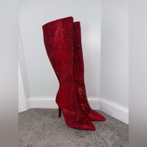 New INC Red Snake-Print Knee High Stiletto Boots - Women